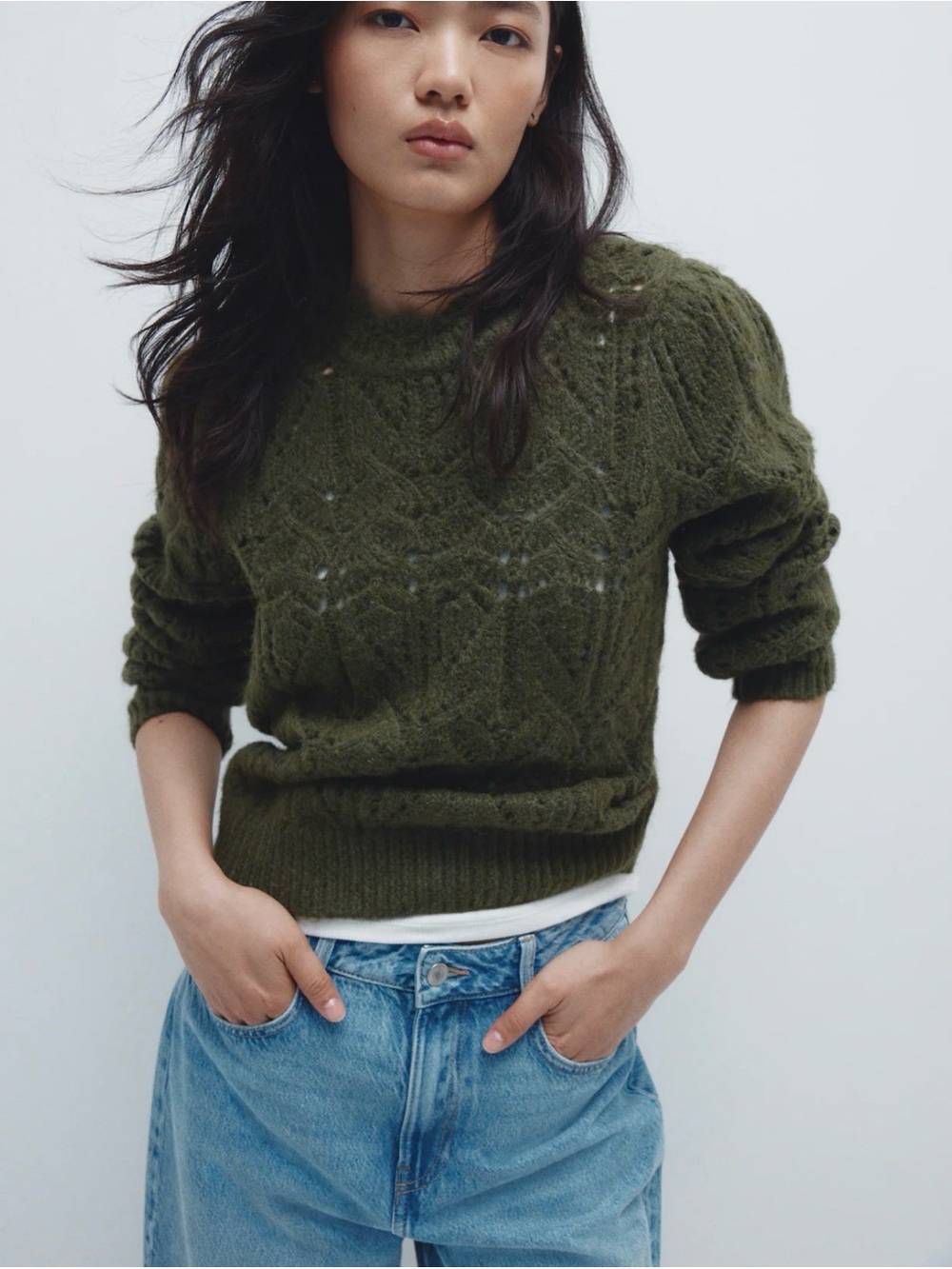 H&M Olive Green Pointelle Crewneck Sweater